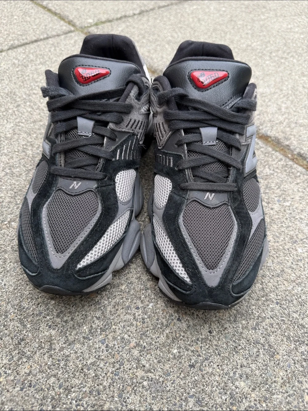New Balance Black and Gray Men's Athletic Sneakers with Red Tongue Accents